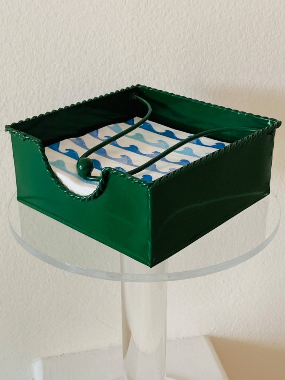 NWT Michel Design Works Cocktail Napkin Holder Green Metal with Keeper 5.5" Sq.